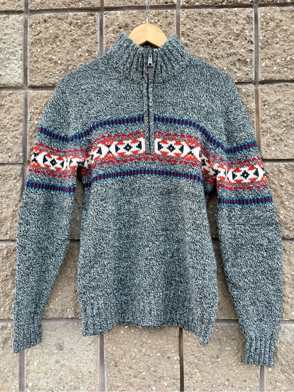 Jack Spade Grey Marled Quarter-Zip Sweater with Red and Blue Fair Isle